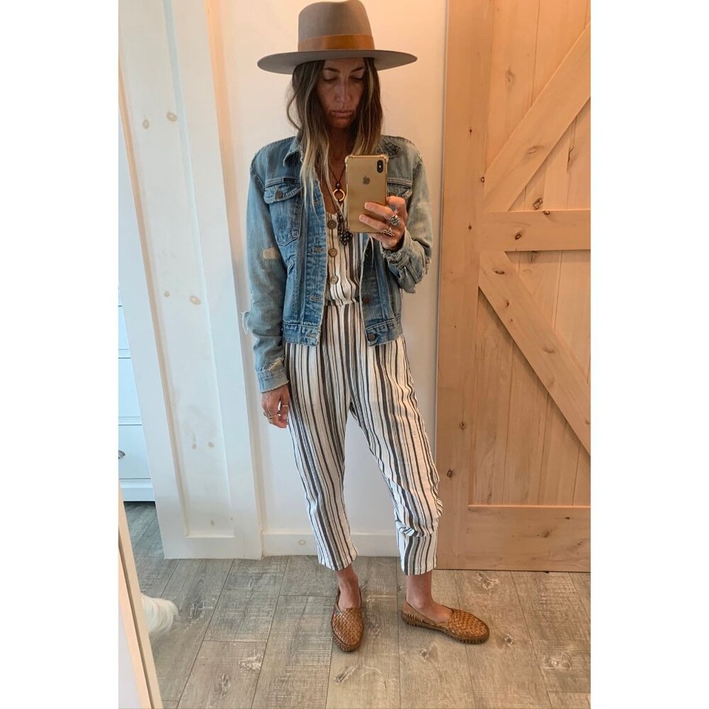 Jens Pirate Booty X Free People Ivory & Charcoal Striped Casual Boho Jumpsuit - Picture 10 of 14